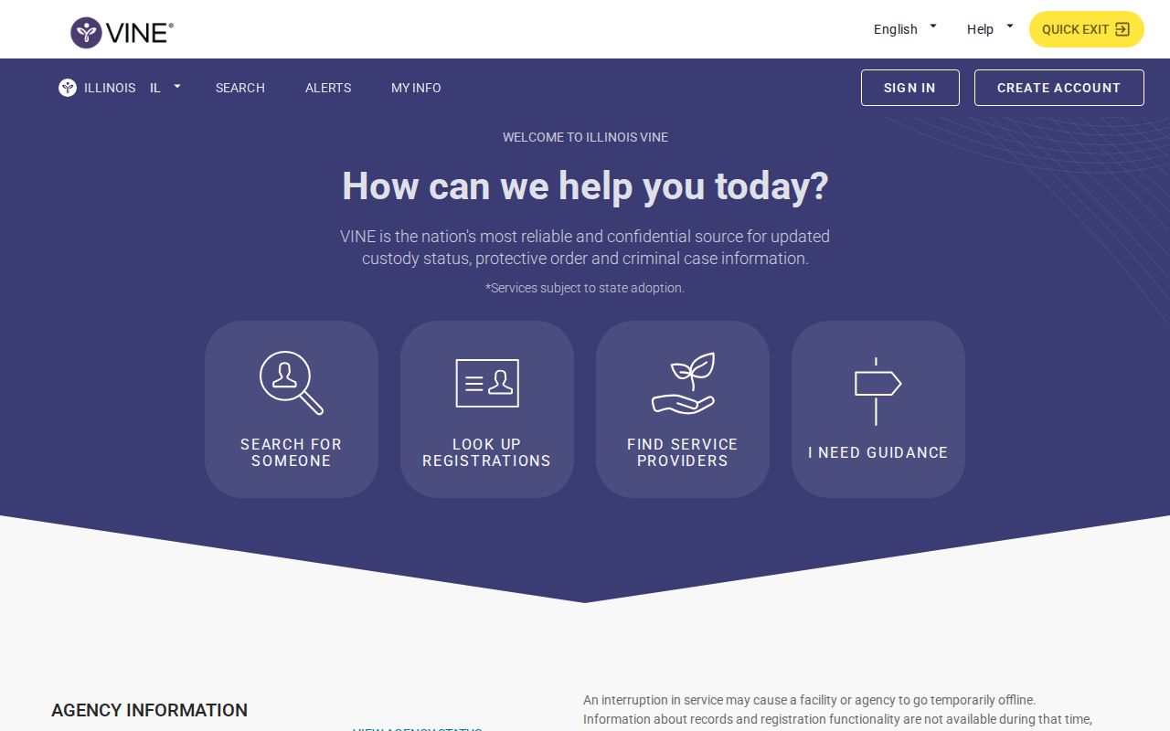 Illinois VINE search landing page for custody and court records