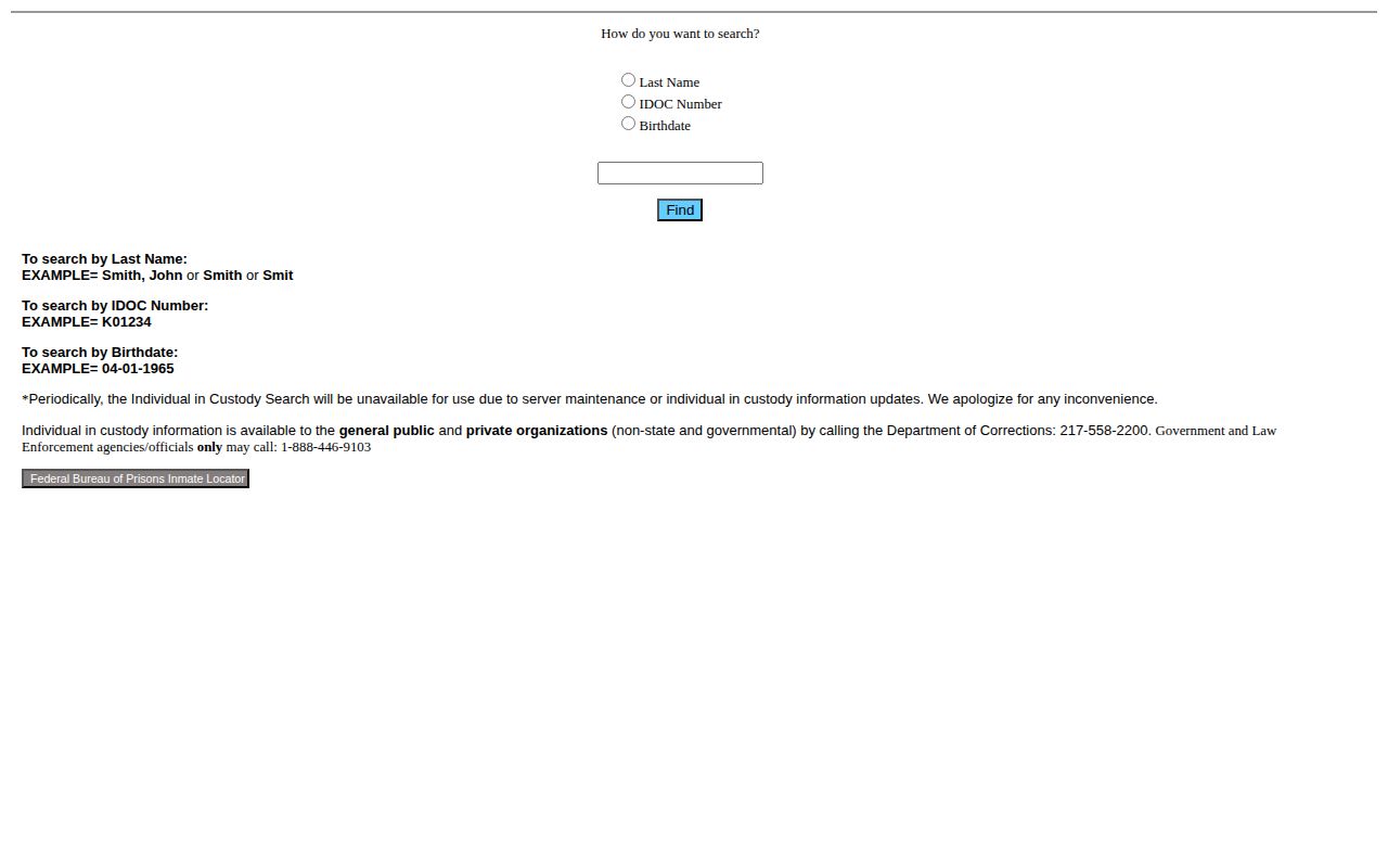Illinois IDOC search fields for last name, IDOC number, and birth date