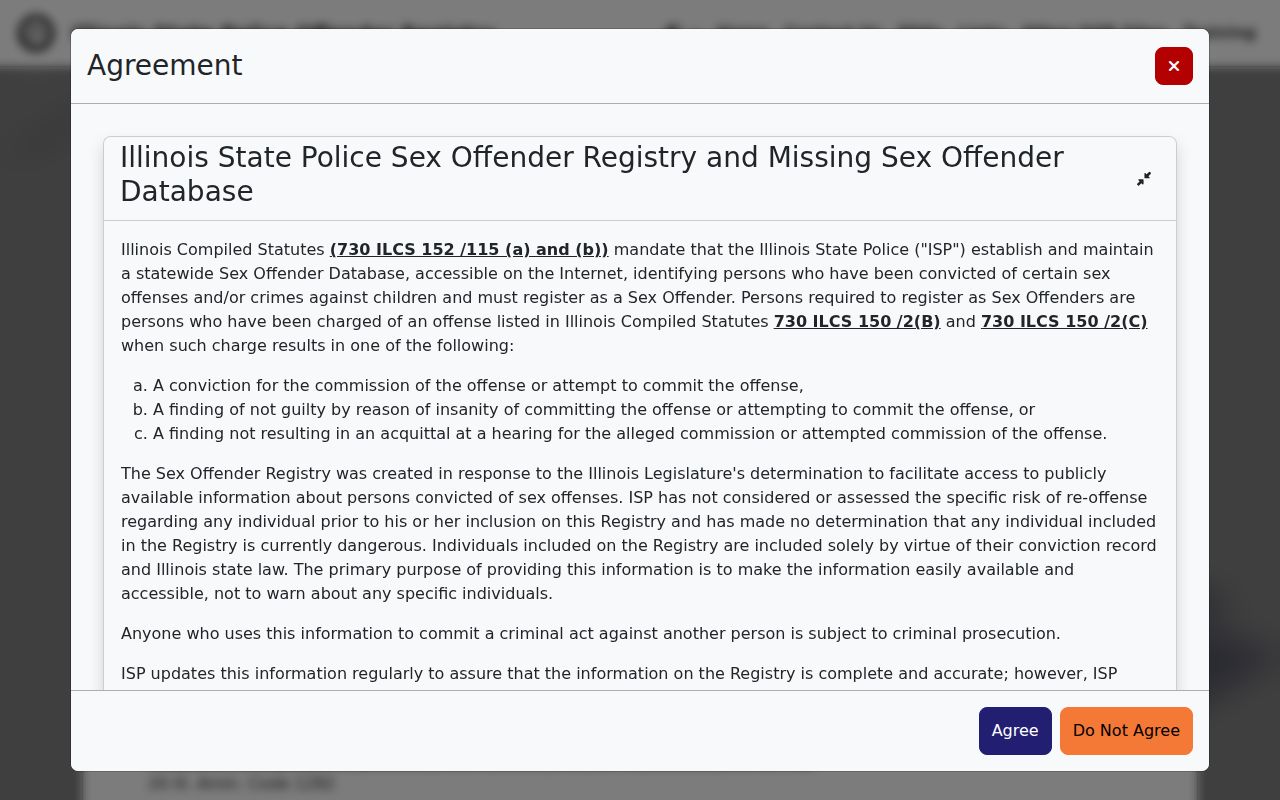 Illinois State Police registry search landing and disclaimer
